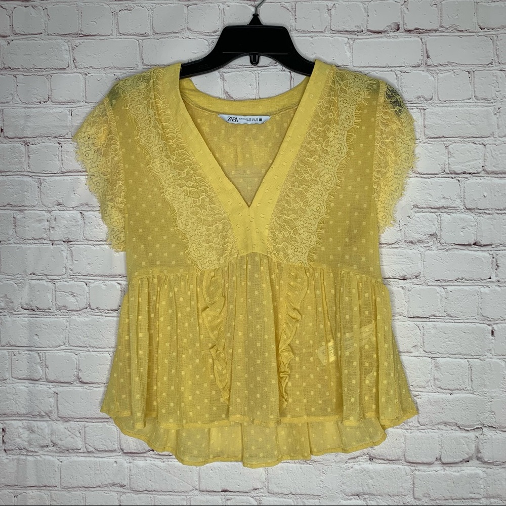 Zara Womens Yellow Chiffon Lace V-Neck Peplum Too Blouse Size XS